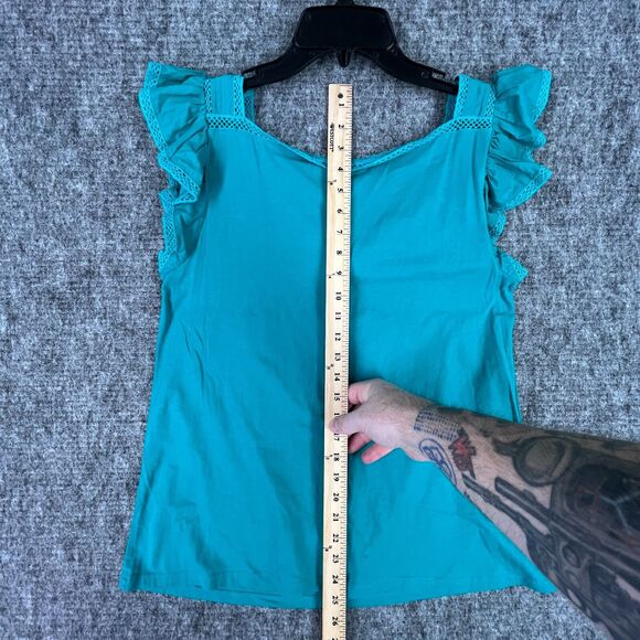 LOFT Shirt Womens M Blue Cutout Ruffle Flutter Sleeves Square Neck Wonderlust - Picture 7 of 8